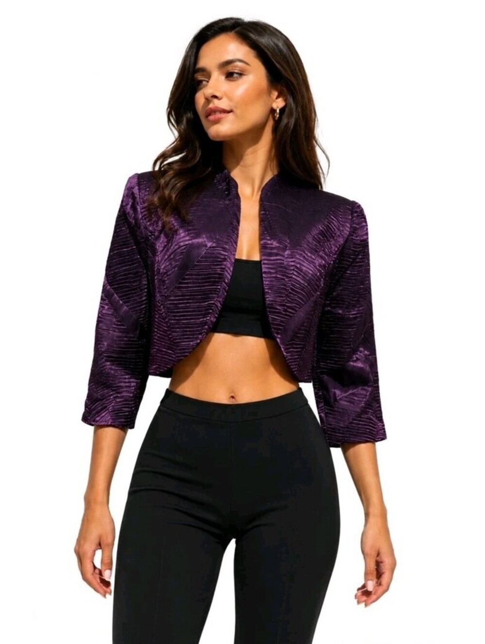 Le Bos Bolero Jacket Women's Size 14 Metallic Eggplant 3/4 Sleeve NWT $129 #C3